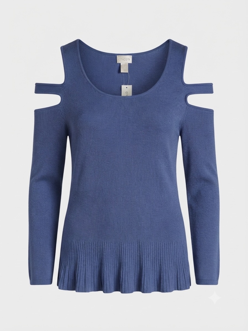 Chicos NWT double cold shoulder blue top, large, Chicos size 2